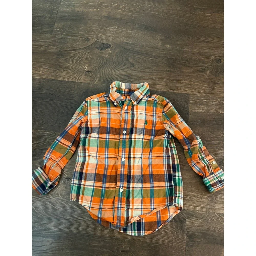 Ralph Lauren Boys 3T Orange Green Plaid Flannel Button Down Shirt Long Sleeve